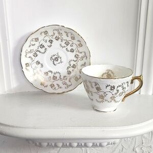 Vintage Cup & Saucer Coalport Fine Bine China Gold & White Vines Gold Handle